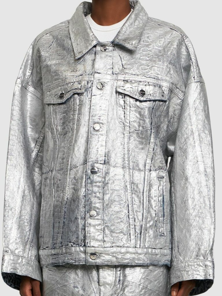 Marc Jacobs Monogram Logo Metallic Silver Trucker Denim Jacket
